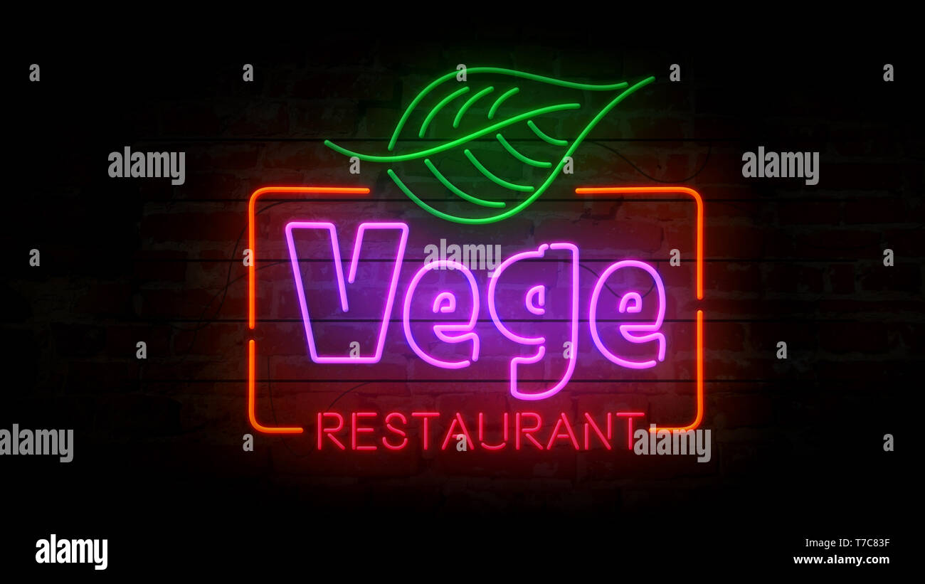 Ristorante Vege neon simbolo sul muro di mattoni. Le lampadine con cibo vegetariano il simbolo 3d'illustrazione. Foto Stock