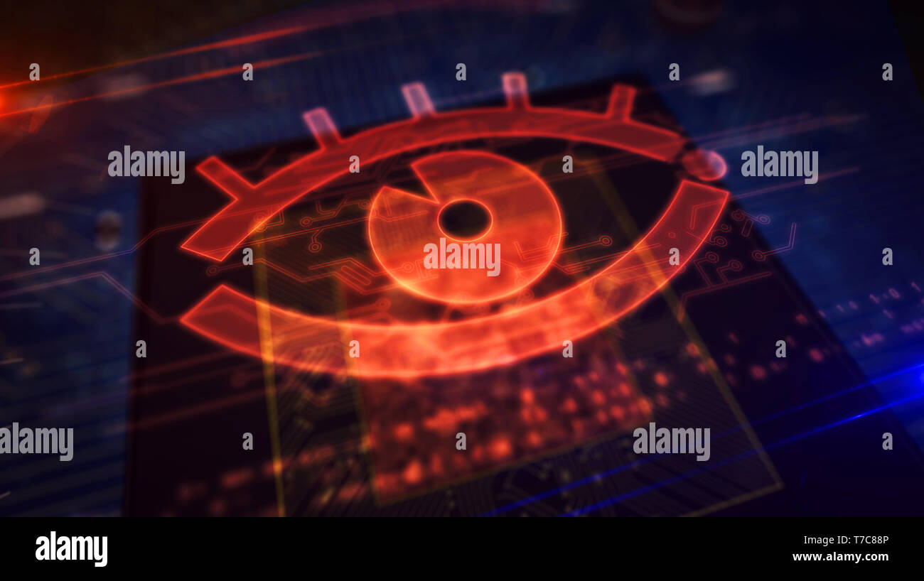 Cyber concetto di sorveglianza con spy eye ologramma sulla CPU in background. Concetto di privacy tracking, spionaggio digitale, intelligenza artificiale e spyw Foto Stock