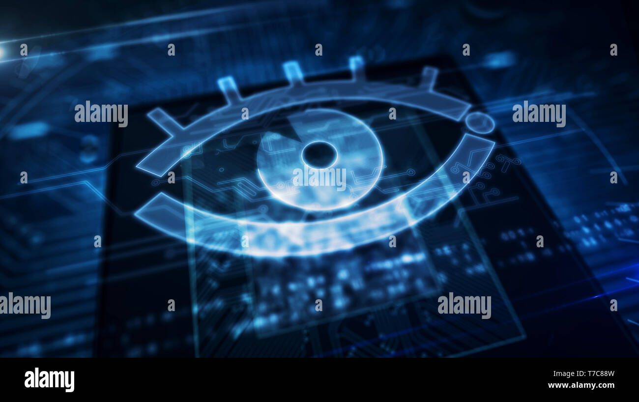 Cyber concetto di sorveglianza con spy eye ologramma sulla CPU in background. Concetto di privacy tracking, spionaggio digitale, intelligenza artificiale e spyw Foto Stock
