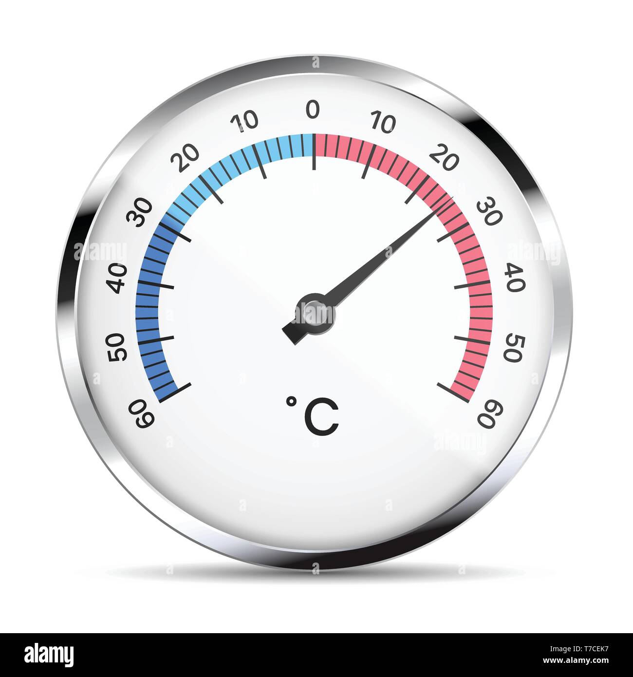 Illustrazione realistica di una circolare bianco termometro metallico con riflessi, mano grigia e numeri. Isolato su bianco - vettore Illustrazione Vettoriale