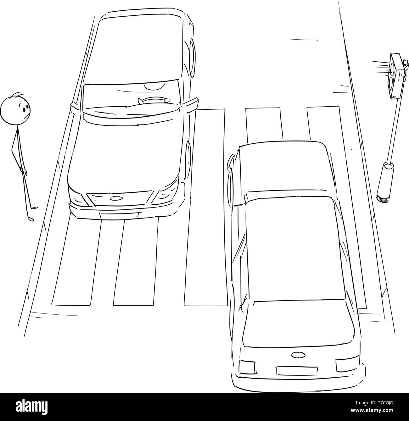 Vector cartoon stick figura disegno illustrazione concettuale dell'uomo in attesa su crosswalk o attraversamento pedonale per luce verde sulle luci di arresto.La spia rossa è accesa. Vista aerea. Il passaggio di vetture. Illustrazione Vettoriale