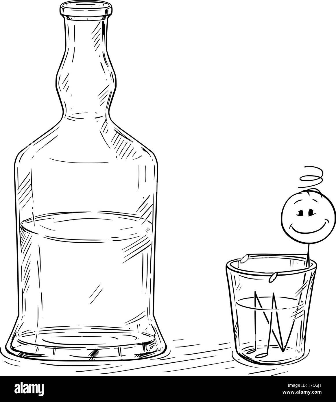 Vector cartoon stick figura disegno illustrazione concettuale dell'uomo tenendo bagno nel colpo di vetro con liquori distillati, bottiglia in piedi accanto a. Metafora dell alcolismo. Illustrazione Vettoriale