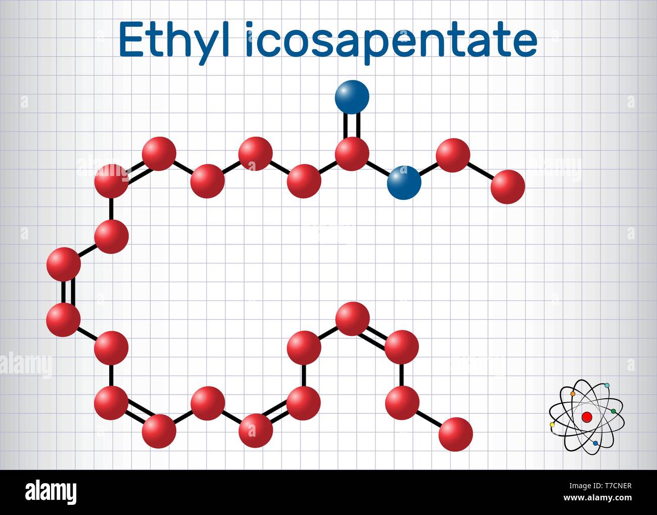 Etilico acido eicosapentaenoico (icosapent etil) molecola. Formula chimica di struttura e la molecola modello. Foglio di carta in una gabbia. Illustrazione Vettoriale Illustrazione Vettoriale