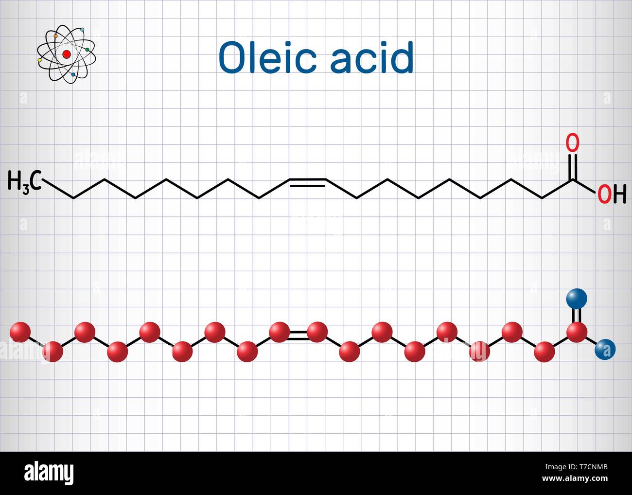 Acido oleico ( cis, omega-9 molecola). Formula chimica di struttura e la  molecola modello. Foglio di carta in una gabbia. Illustrazione Vettoriale  Immagine e Vettoriale - Alamy