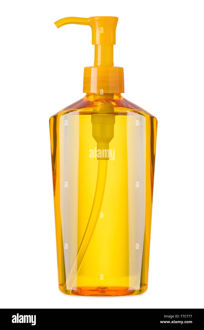 Cosmetici bottiglia di olio con pompa isolati su sfondo bianco Foto Stock