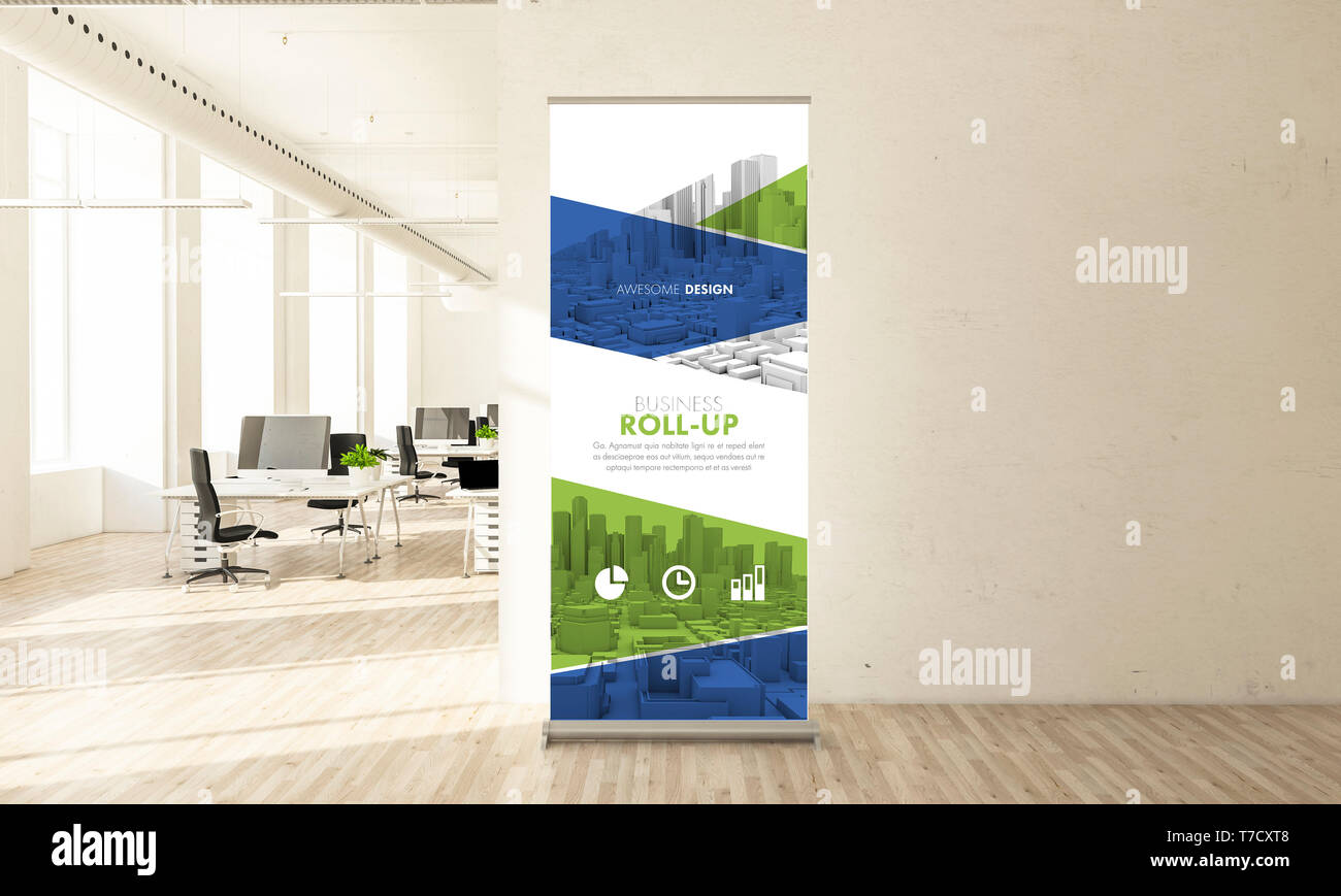 Design incredibile roll up banner in ufficio minimo 3d rendering Foto Stock