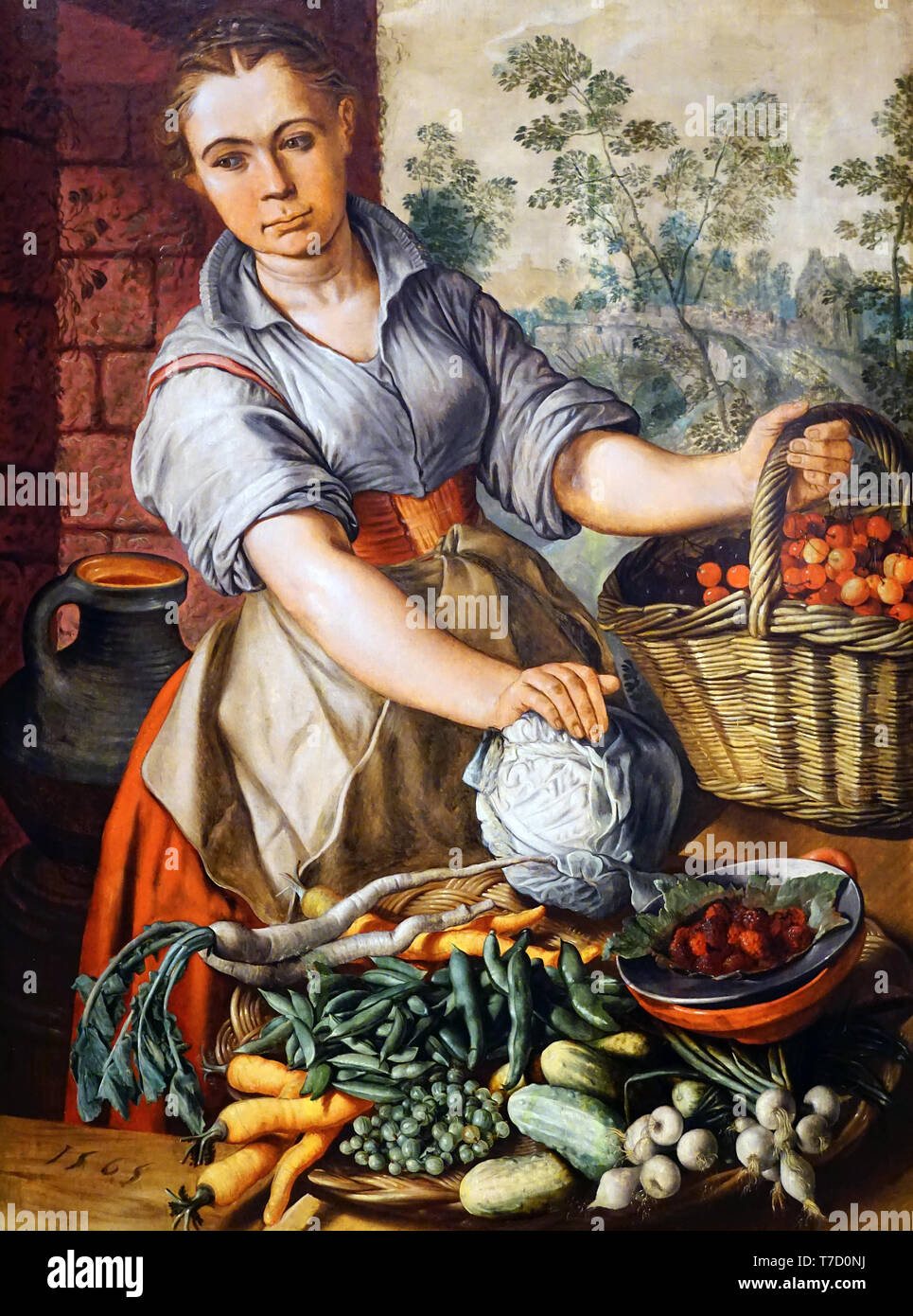 Verdure Shapely / verdura venditore 1565 da Belgio pittore Joachim Beuckelaer.1533 -1570 pittore fiammingo specializzato nel mercato e scene di cucina Foto Stock
