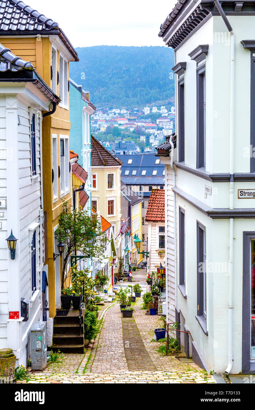 Suggestiva strada a Bergen, Norvegia Foto Stock