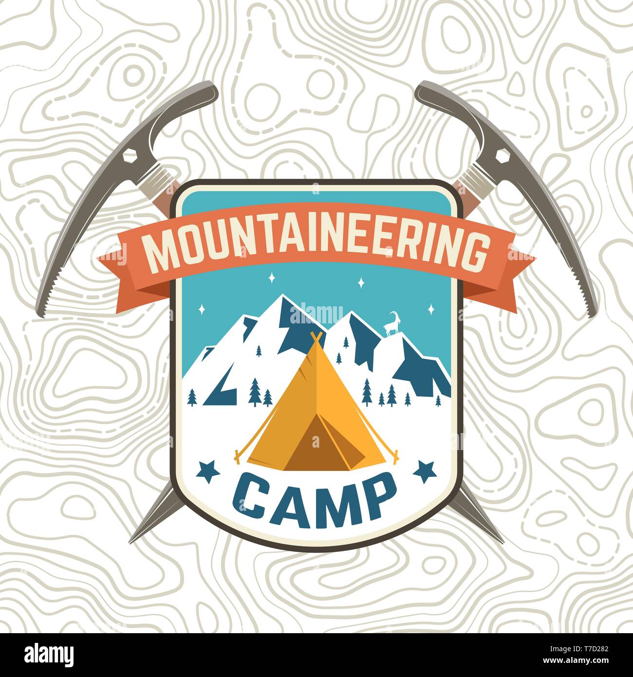 Alpinismo camp patch. Illustrazione Vettoriale. Concetto per il club alpino shirt o badge, stampare il timbro o il raccordo a t. Vintage design tipografia con ghiaccio ax, camping e silhouette di montagna. Avventura all'aperto emblema. Illustrazione Vettoriale