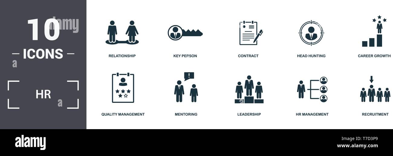 Risorse umane set di icone di raccolta. Include elementi semplici come il rapporto, persona chiave, contratto di Head Hunting, crescita professionale, mentoring e Illustrazione Vettoriale