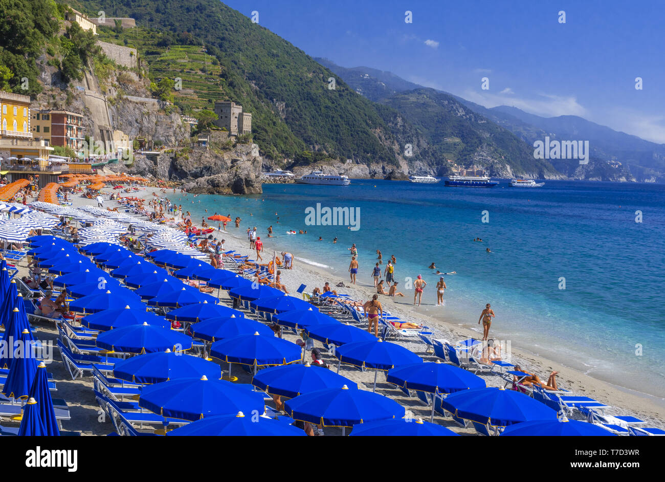 Spiaggia di Monterosso al Mare, Italia Foto Stock