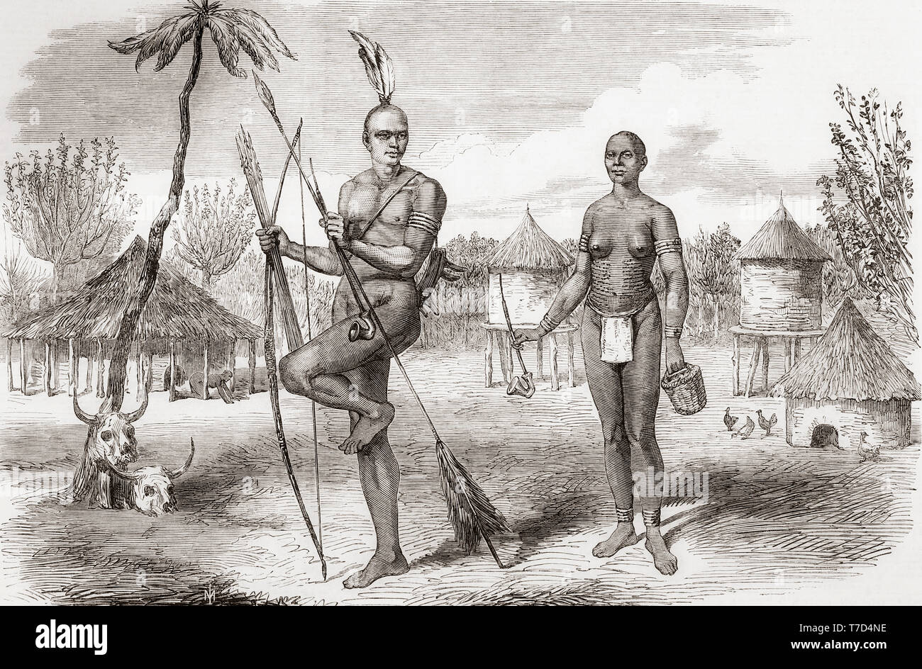 Homestead dei nativi di Gondokoro, sud Sudan, Africa centrale. Dal Illustrated London News, pubblicato 1865. Foto Stock