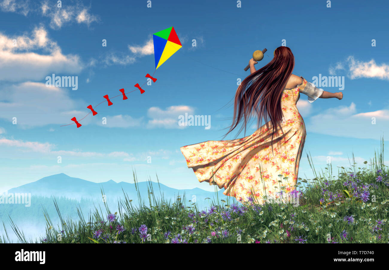 Una ragazza in un abito fiorito vola un vivacemente colorato aquilone dalla cima di una collina erbosa piena di primavera fiori selvatici. Il rendering 3D Foto Stock