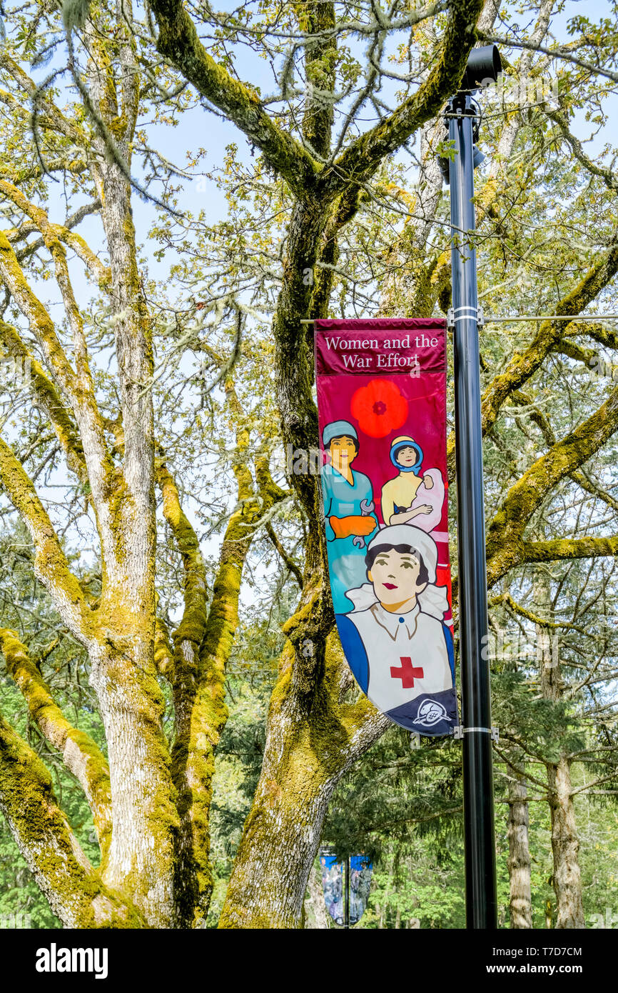 Le donne e lo sforzo di guerra banner, Fort Rodd Hill National Historic Site, Victoria, British Columbia, Canada Foto Stock