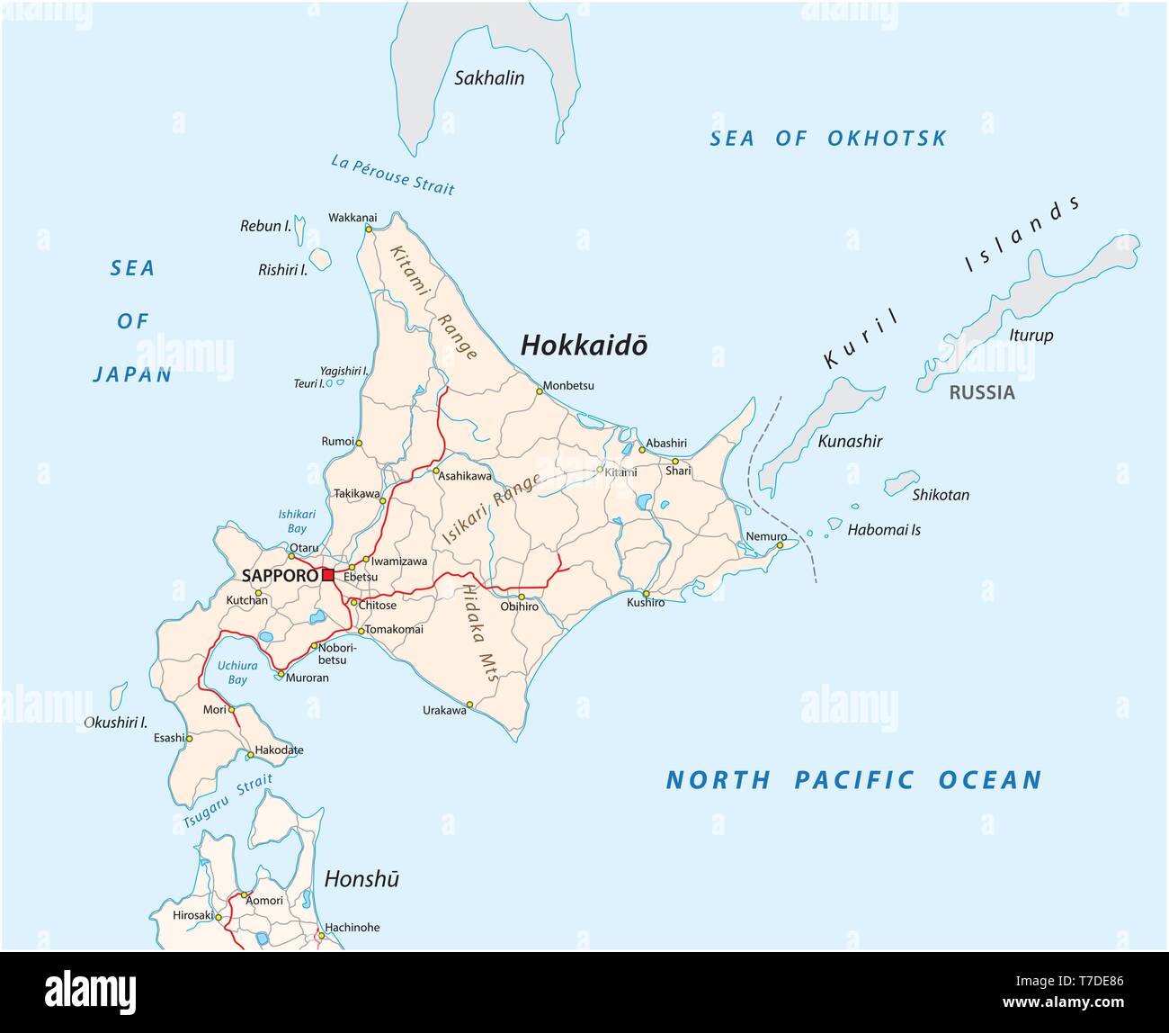 Vettore mappa stradale di isola giapponese di Hokkaido Illustrazione Vettoriale