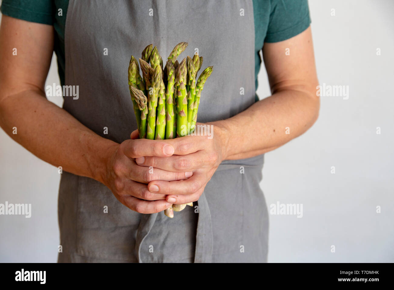 Uomo in grigio grembiule prima di sfondo bianco tenendo un mazzo di asparagi verdi nelle sue mani con spazio di copia Foto Stock