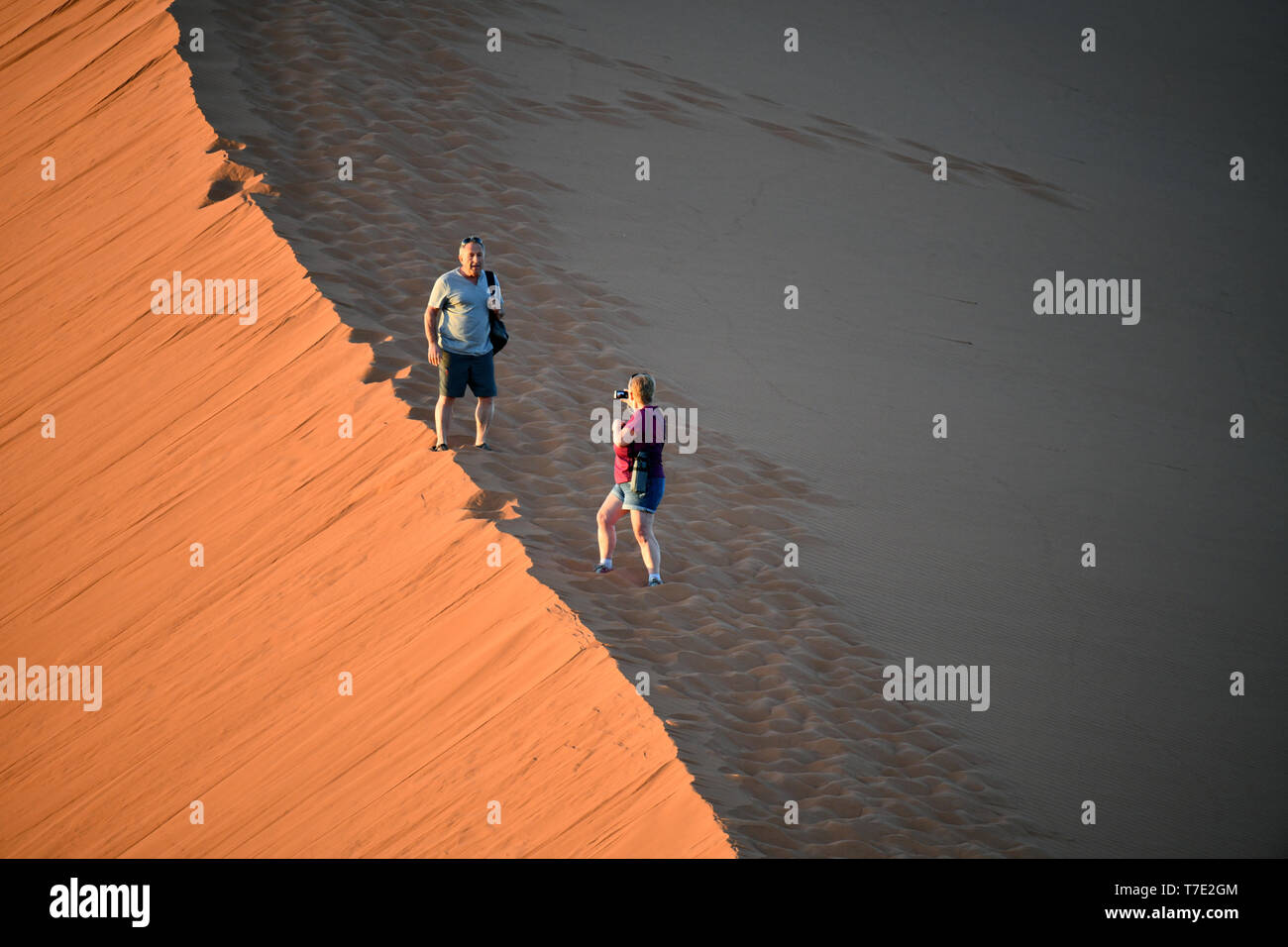 I turisti fotografare sé arrampicata su una cresta in Sossusvlei, presa su 01.03.2019. Il Sossusvlei nel Namib-Naukluft National Park è stato un Sito Patrimonio Mondiale dell'UNESCO dal 2013, e il suo famoso, quasi 400 metri di alta duna è uno dei più alti del mondo. In basso la precipitazione area di dune, che è uno dei particolari attrazioni turistiche della Namibia, diventa molto caldo durante i mesi estivi. L'arancio-rosso della sabbia è causata da una elevata proporzione di ossido di ferro. Foto: Matthias Toedt/dpa-Zentralbild/ZB/Picture Alliance | Utilizzo di tutto il mondo Foto Stock