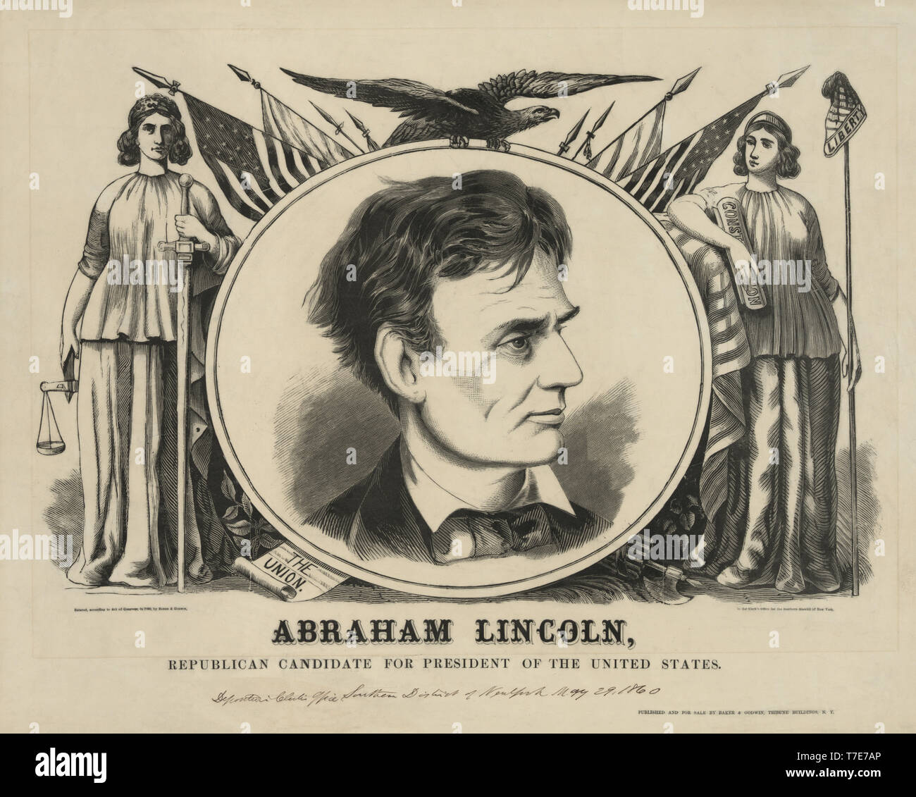 Abraham Lincoln, candidato repubblicano per il Presidente degli Stati Uniti, banner della campagna, pubblicato da Baker & Godwin, 1860 Foto Stock