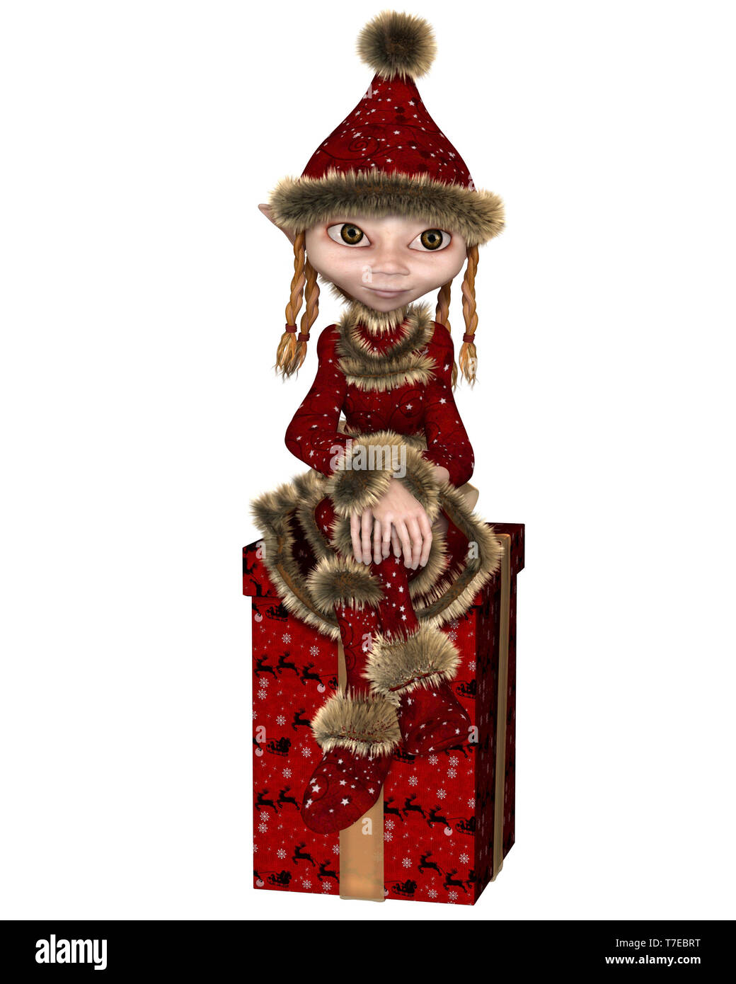 Natale Elf o Imp ragazza seduta su un regalo Foto Stock