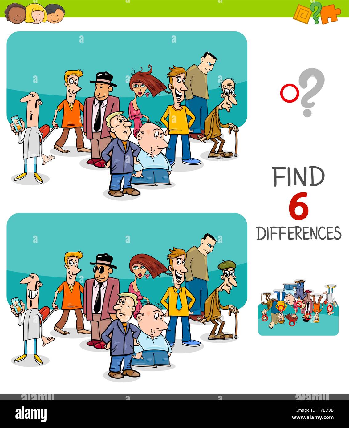 Illustrazione del fumetto di trovare 6 differenze tra le immagini del gioco educativo per bambini con le persone del gruppo di caratteri Illustrazione Vettoriale