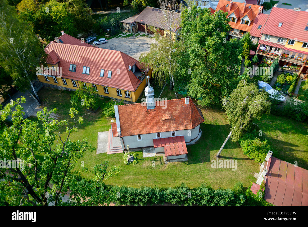 Vista da watertower, chiesa, Cerkiew Sw. Anny, Gizycko, Warmia Masuria - Polonia Foto Stock