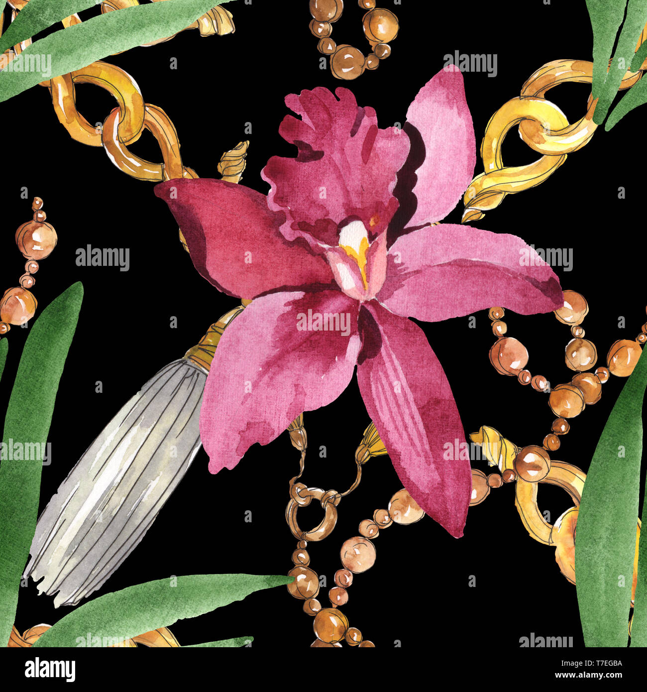 Marsala orchid fiori botanica. Wild molla a balestra di fiori selvaggi isolati. Illustrazione ad acquerello set. Disegno ad acquerello fashion aquarelle. B senza giunture Foto Stock