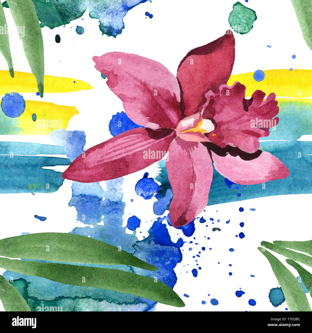 Marsala orchid fiori botanica. Wild molla a balestra di fiori selvaggi isolati. Illustrazione ad acquerello set. Disegno ad acquerello fashion aquarelle. B senza giunture Foto Stock