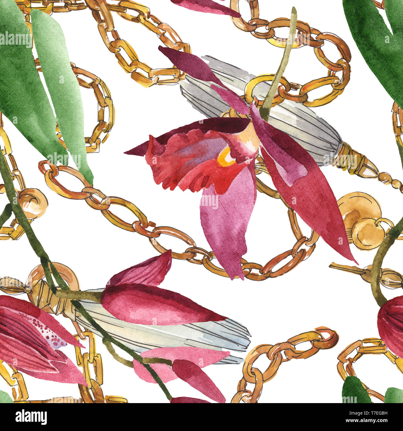 Marsala orchid fiori botanica. Wild molla a balestra di fiori selvaggi isolati. Illustrazione ad acquerello set. Disegno ad acquerello fashion aquarelle. B senza giunture Foto Stock