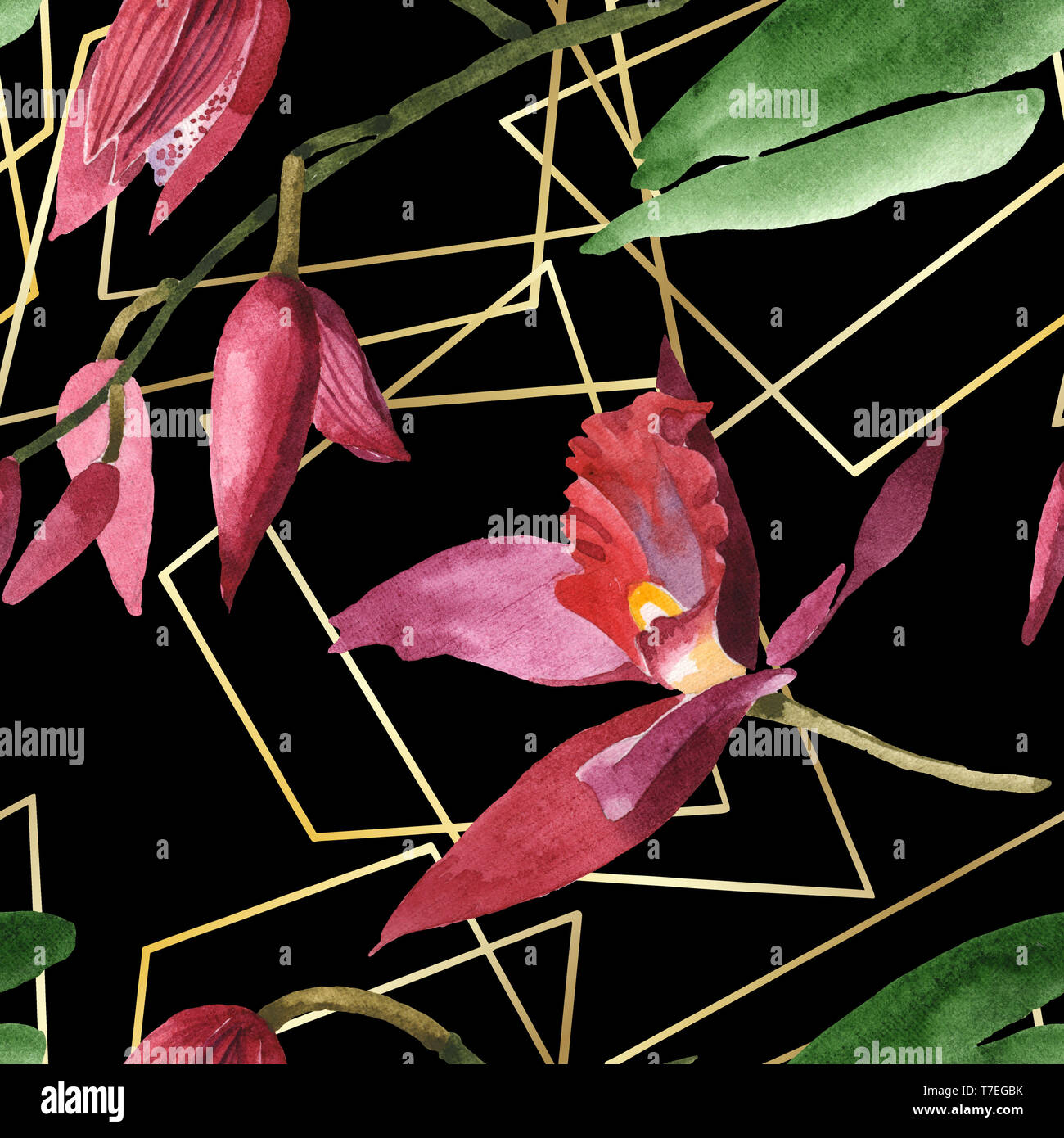 Marsala orchid fiori botanica. Wild molla a balestra di fiori selvaggi isolati. Illustrazione ad acquerello set. Disegno ad acquerello fashion aquarelle. B senza giunture Foto Stock