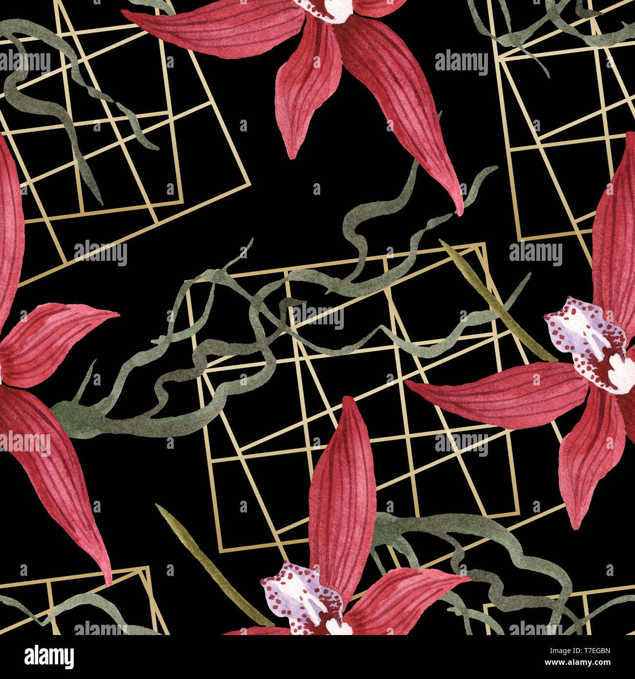 Marsala orchid fiori botanica. Wild molla a balestra di fiori selvaggi isolati. Illustrazione ad acquerello set. Disegno ad acquerello fashion aquarelle. B senza giunture Foto Stock