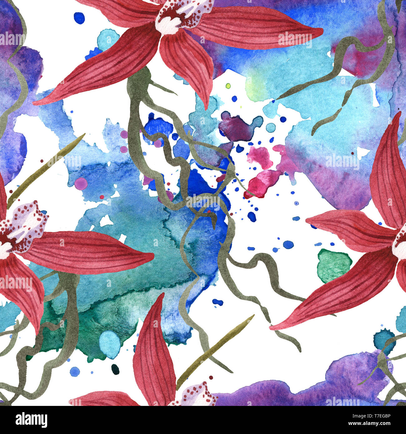 Marsala orchid fiori botanica. Wild molla a balestra di fiori selvaggi isolati. Illustrazione ad acquerello set. Disegno ad acquerello fashion aquarelle. B senza giunture Foto Stock