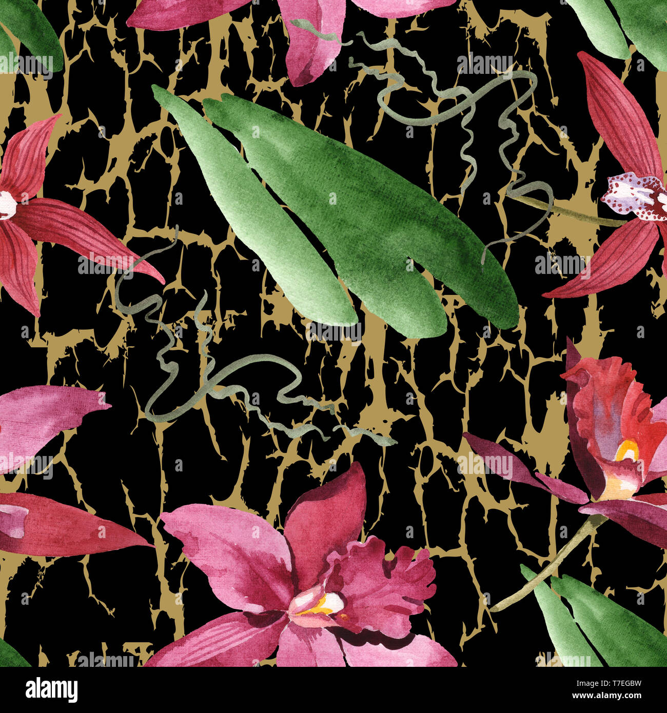 Marsala orchid fiori botanica. Wild molla a balestra di fiori selvaggi isolati. Illustrazione ad acquerello set. Disegno ad acquerello fashion aquarelle. B senza giunture Foto Stock