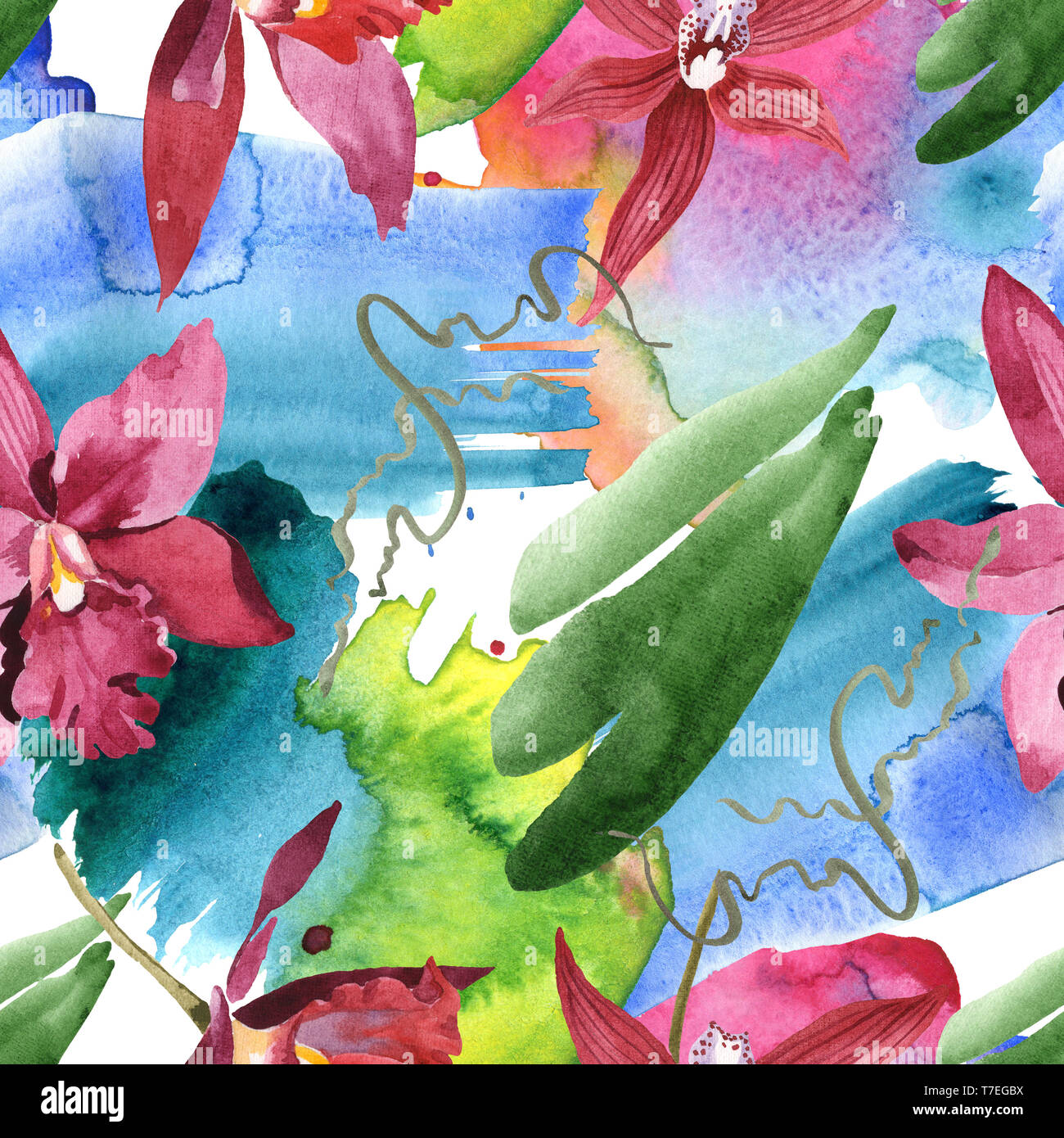 Marsala orchid fiori botanica. Wild molla a balestra di fiori selvaggi isolati. Illustrazione ad acquerello set. Disegno ad acquerello fashion aquarelle. B senza giunture Foto Stock