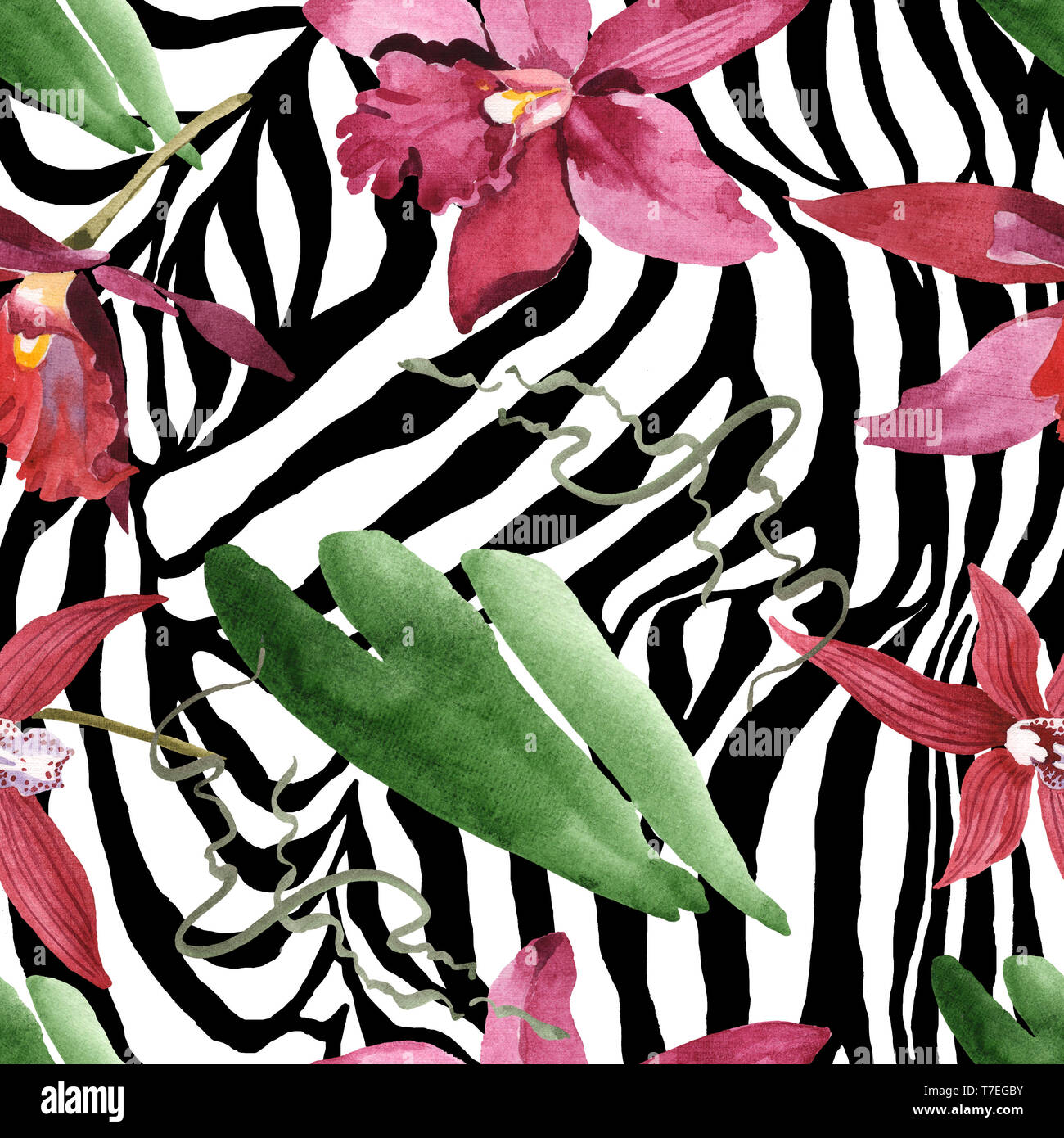 Marsala orchid fiori botanica. Wild molla a balestra di fiori selvaggi isolati. Illustrazione ad acquerello set. Disegno ad acquerello fashion aquarelle. B senza giunture Foto Stock