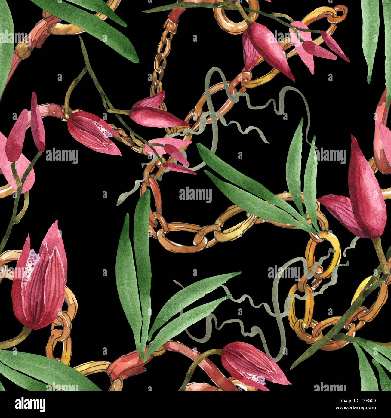 Marsala orchid fiori botanica. Wild molla a balestra di fiori selvaggi isolati. Illustrazione ad acquerello set. Disegno ad acquerello fashion aquarelle. B senza giunture Foto Stock