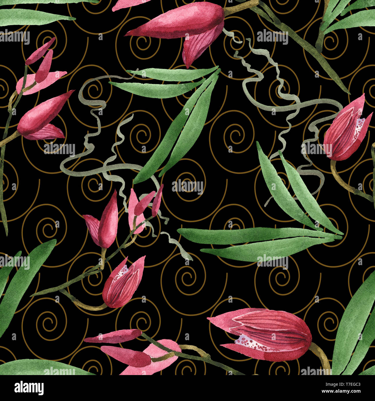 Marsala orchid fiori botanica. Wild molla a balestra di fiori selvaggi isolati. Illustrazione ad acquerello set. Disegno ad acquerello fashion aquarelle. B senza giunture Foto Stock