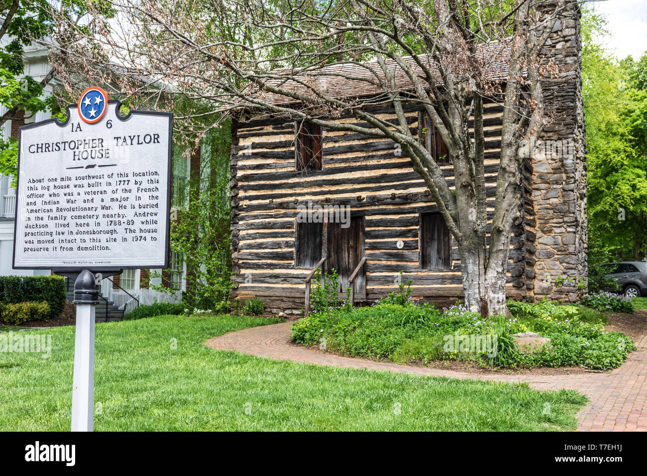 JONESBOROUGH, TN, Stati Uniti d'America-4/28/19: Christopher Taylor log house, costruita nel 1777. Foto Stock