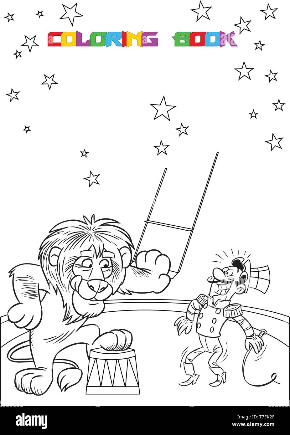 La figura mostra il domatore e il leone di eseguire il trucco nel circus arena. Viene fatta una sagoma nera per un libro da colorare. Illustrazione Vettoriale