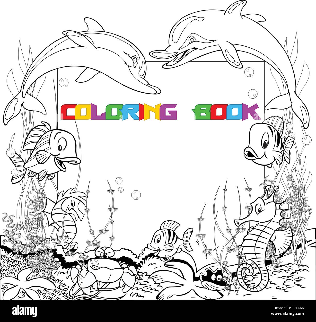 La figura mostra il telaio contro lo sfondo di varie creature del mare, pesci e delfini. Viene fatta una sagoma nera per un libro da colorare Illustrazione Vettoriale