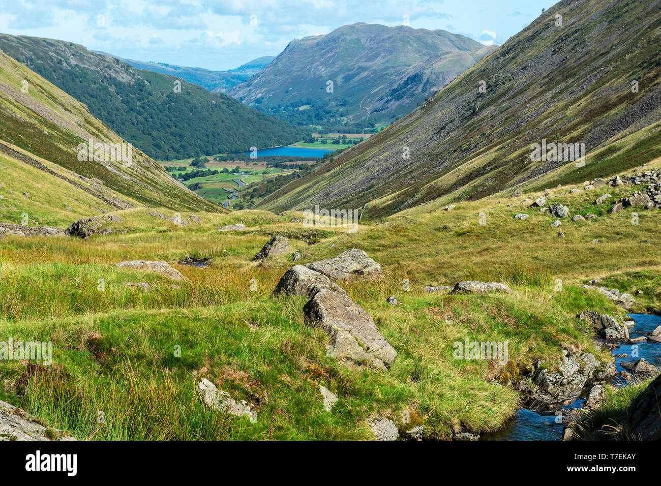 Vista da Kirkstone pass su un592 guardando verso Brotherswater nel Parco Nazionale del Distretto dei Laghi, Cumbria, England, Regno Unito Foto Stock