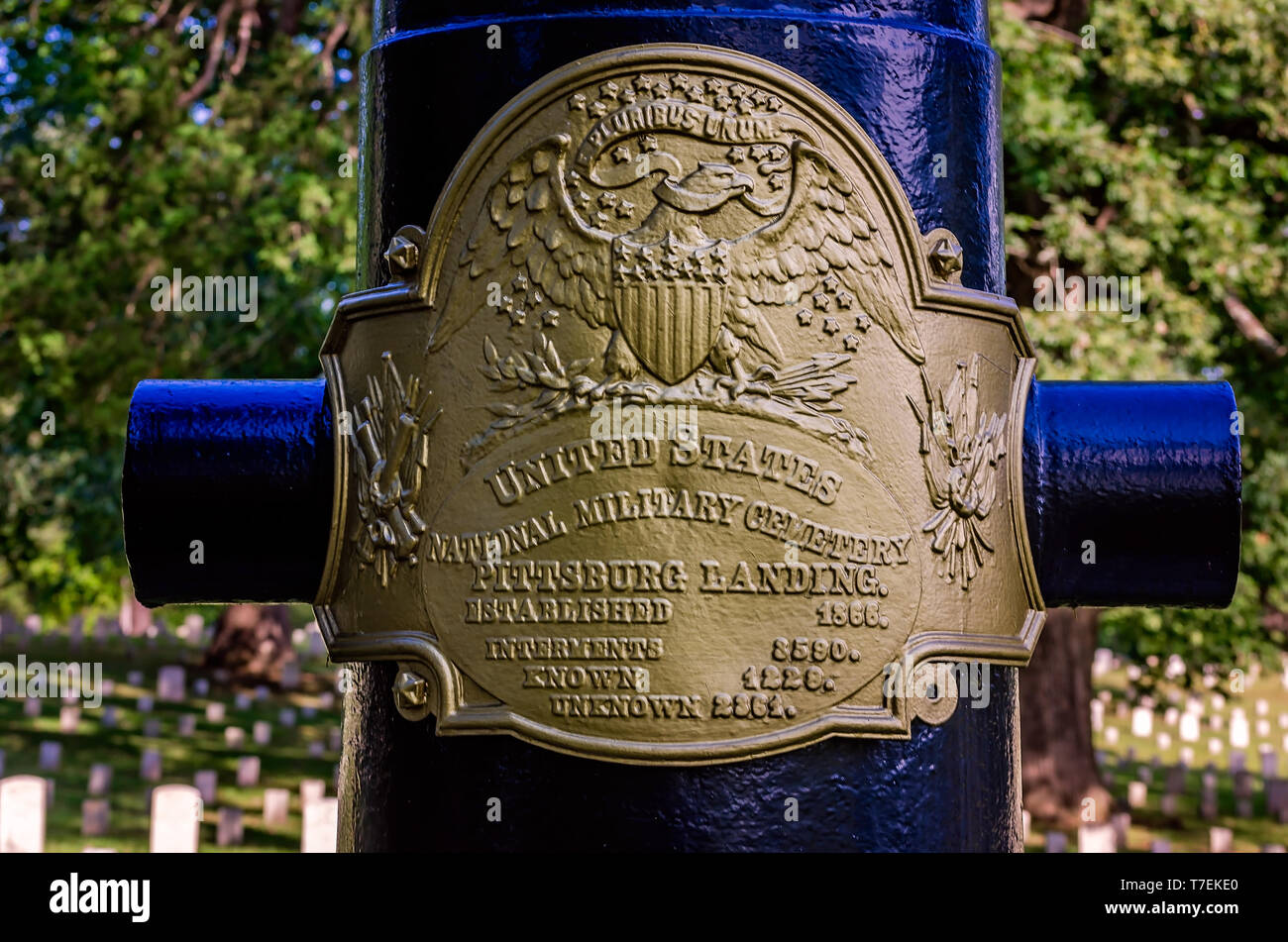 Una placca fornisce dettagli in silo Cimitero Nazionale a Sciloh National Military Park, Sett. 21, 2016 in Silo, Tennessee. Foto Stock