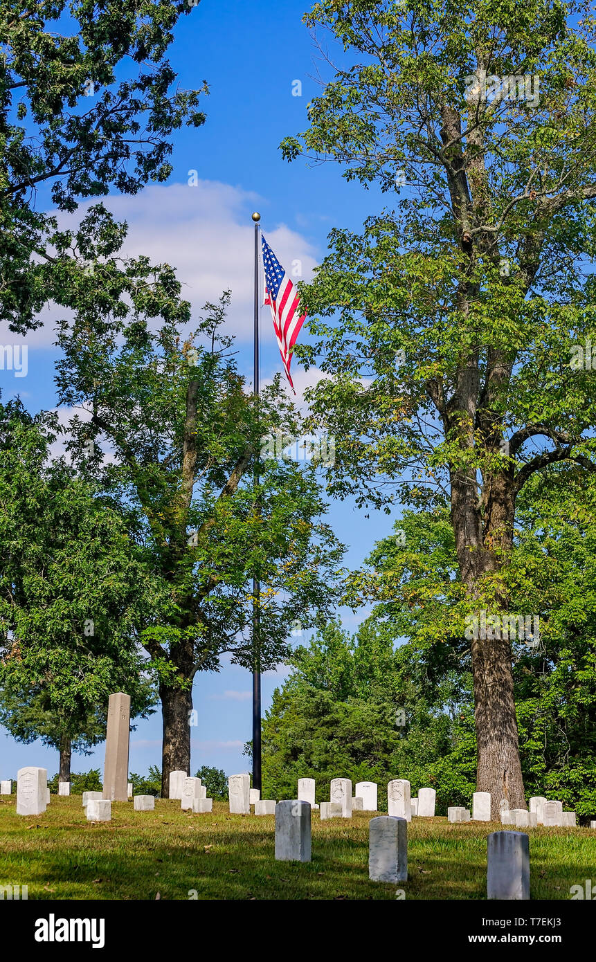 Lapidi mark guerra civile soldato' tombe a Sciloh Cimitero Nazionale a Sciloh National Military Park, Sett. 21, 2016 in Silo, Tennessee. Foto Stock