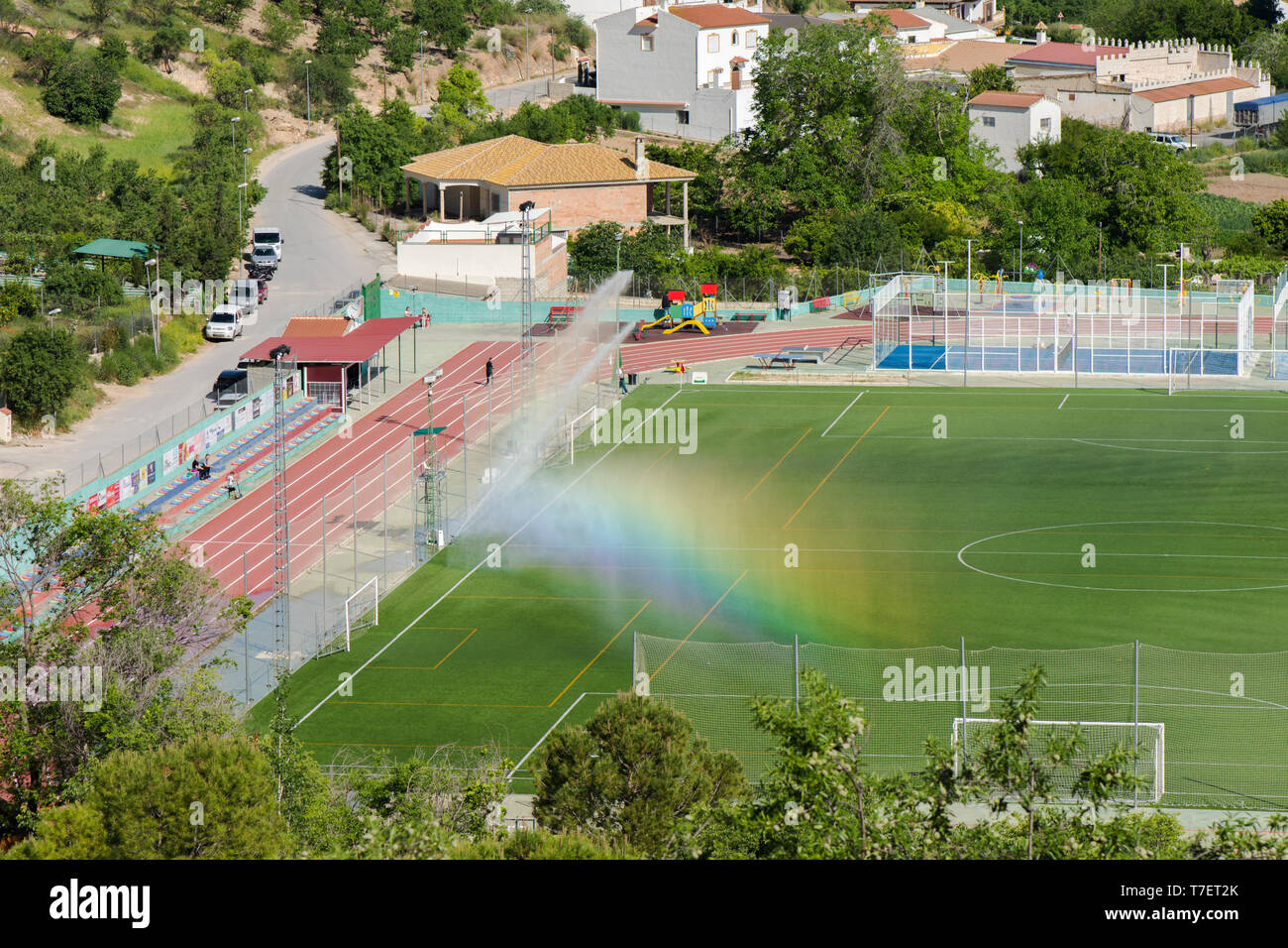 Campo da calcio, campo di calcio di irrigazione, Cuevas de San Marcos, Andalusia. Foto Stock
