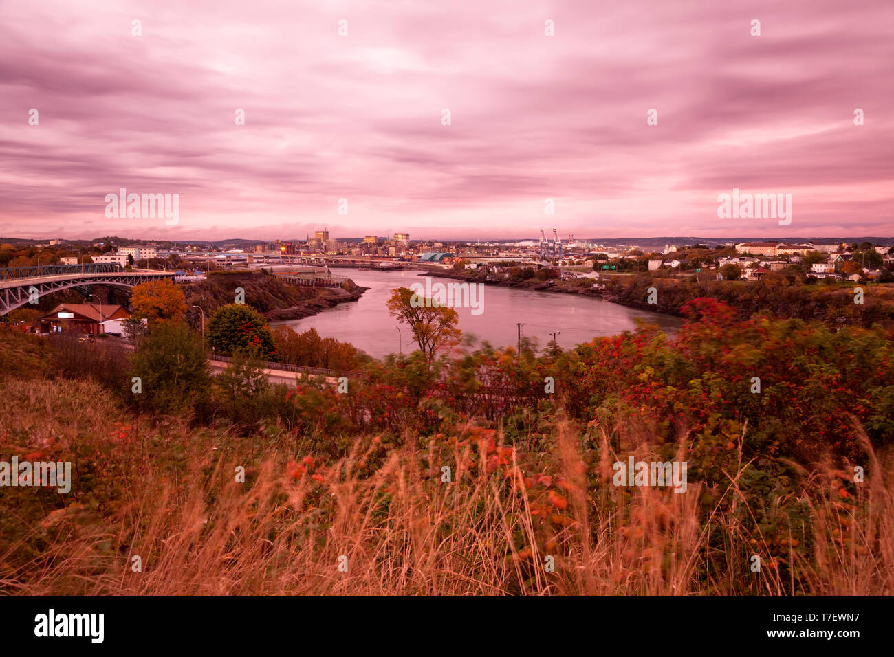 Il fiume Saint John e molti alberi durante l'autunno al tramonto in Saint John, New Brunswick, Canada. Foto Stock