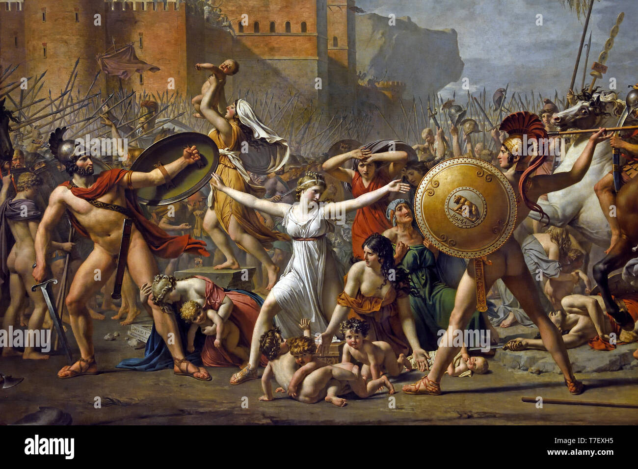 L intervento di Sabine 1799 dipinto da Jacques-Louis David 1748 pittore francese in Francia. (Che mostra un episodio leggendario in seguito al rapimento di Sabine dalla generazione dei fondatori di Roma) Foto Stock