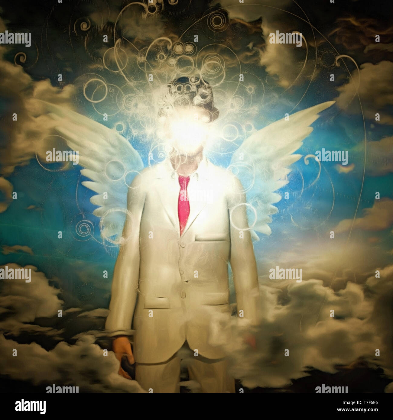 Pittura surreale. Uomo in abito bianco con le ali. Foto Stock