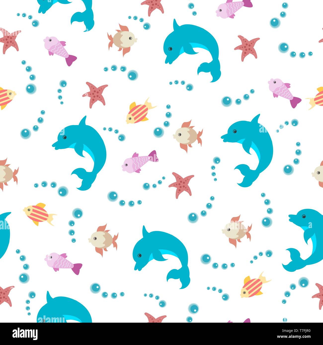 Mare ​​dolphin seamless pattern con pesci e stelle marine su uno sfondo bianco per il settore tessile Illustrazione Vettoriale