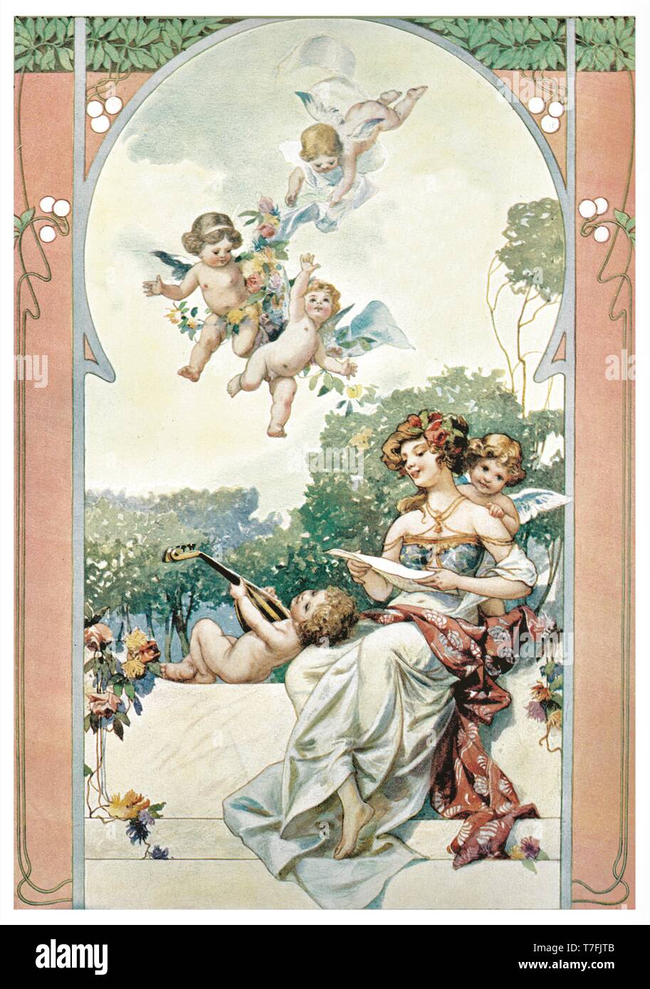 Pittura: allegoria della musica nel paesaggio con amorini - Vintage illustrazione di quadri figurativi 1910 Foto Stock