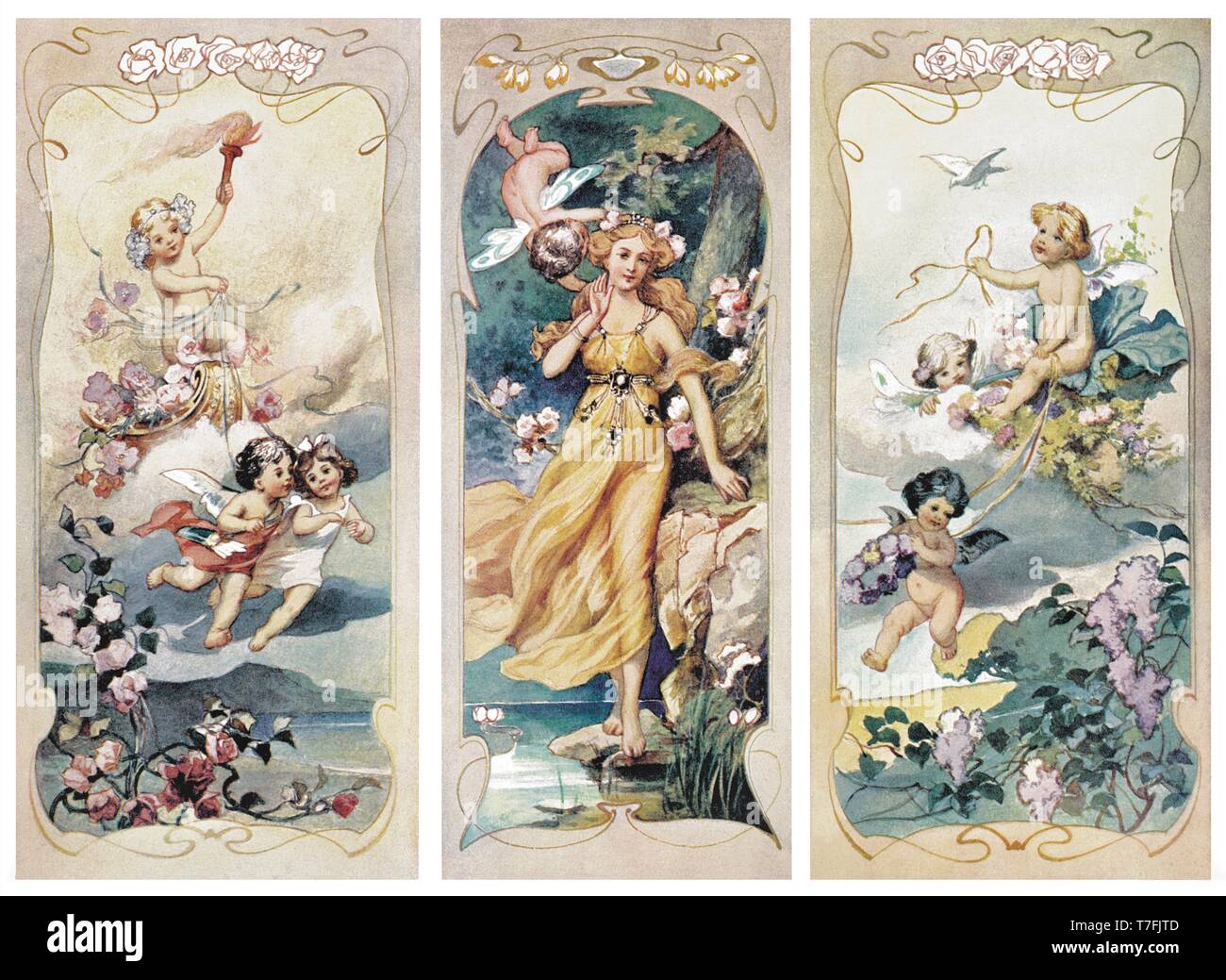 Pittura: pannelli con amorini, ragazza, paesaggi - Vintage illustrazione di quadri figurativi 1910 Foto Stock