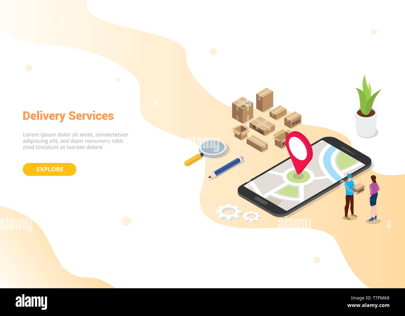 Isometrica, 3d online Servizio di consegna concetto con persone consegnare ordine per modello di sito web design o lo sbarco homepage - illustrazione vettoriale Foto Stock